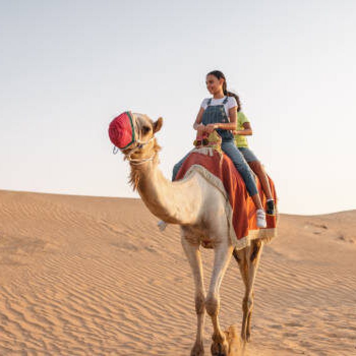 Two young siblings riding the camel at sunset outdoors in Dubai.